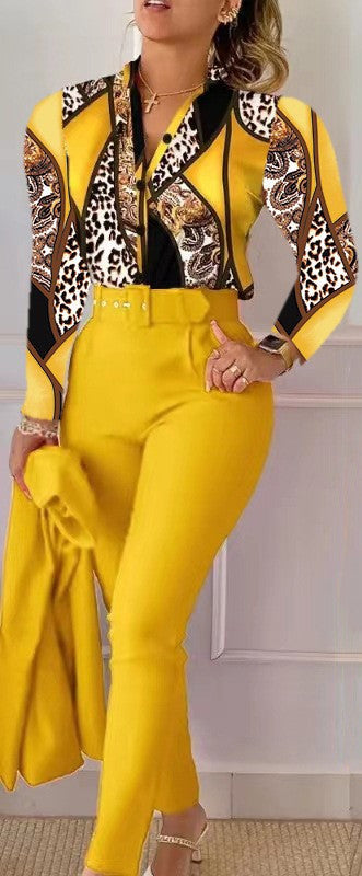 Printed Long-sleeved Top Solid Color Pants Suit With Belt