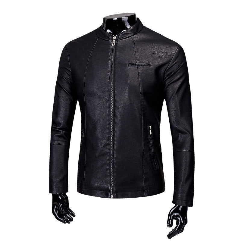 Stand-up collar fur PU leather jacket plus velvet men's jacket