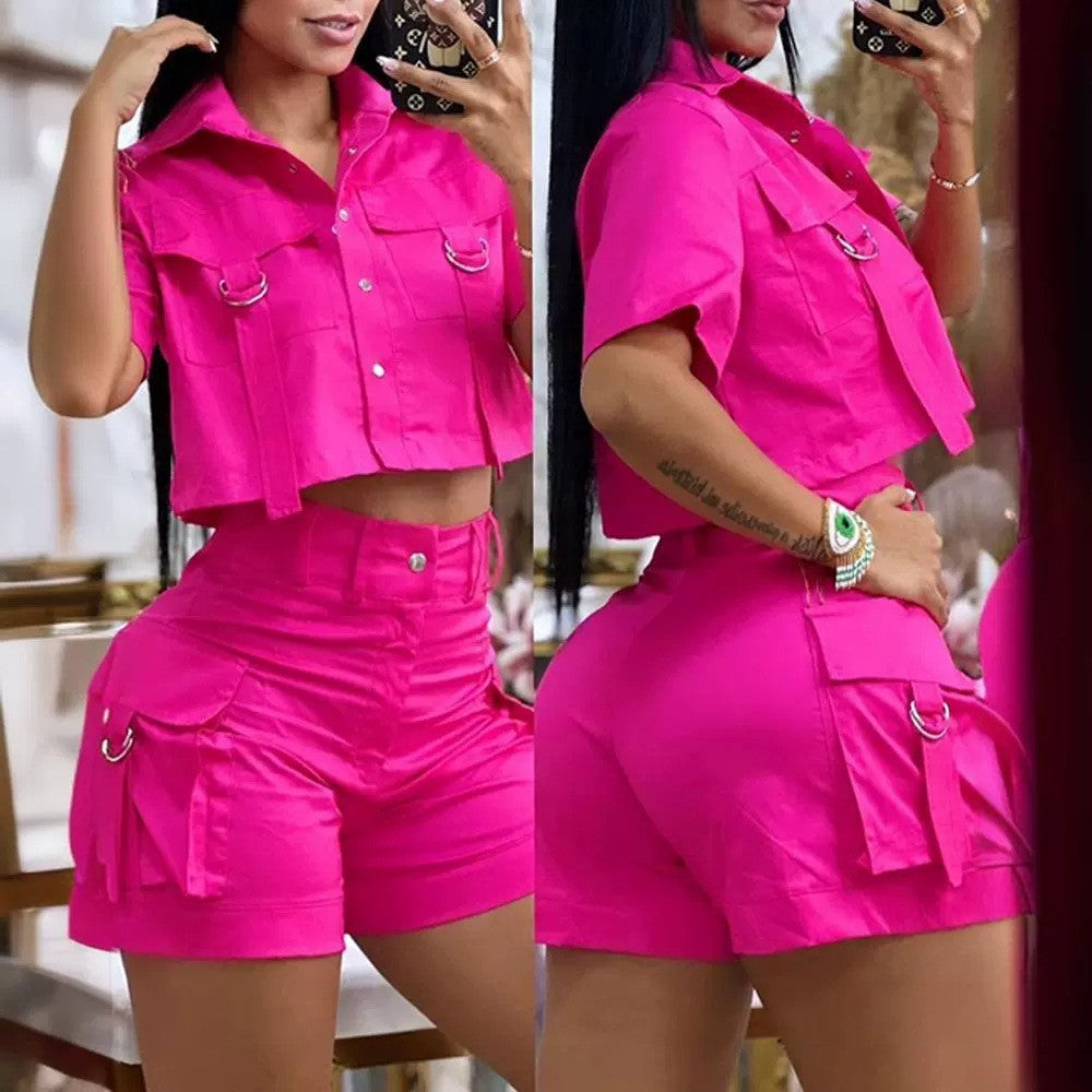 Solid Color Bellows Pocket Pocket Design Overall Suit
