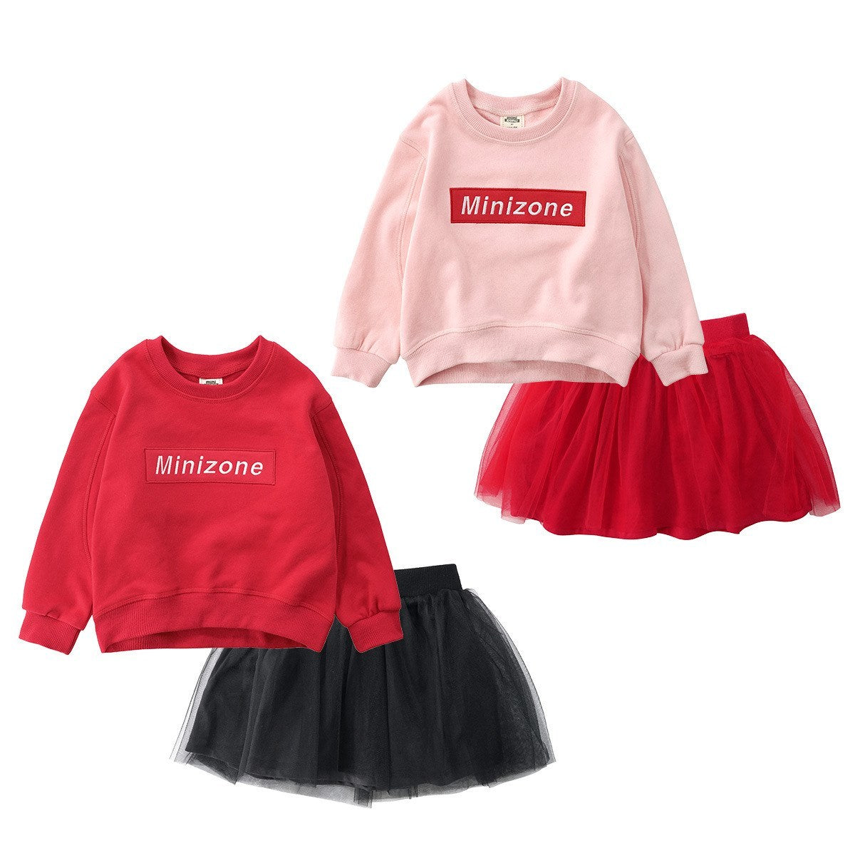 Girls' Tunic Long-sleeved T-shirt + Mesh Short Skirt Two-piece