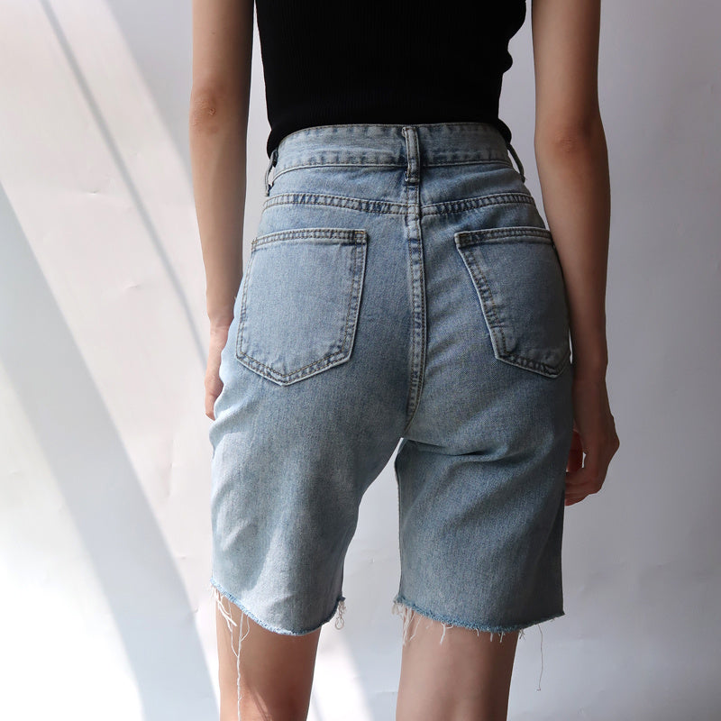 High-waisted slim-cut five-point jeans
