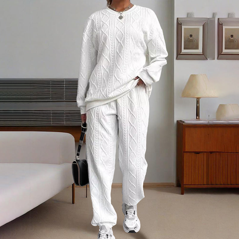 Women's Solid Color Long Sleeve Round Neck Top & Cuffed Pants Set - Ribbed Trim, Minimalist Casual Loungewear For Fall&Winter