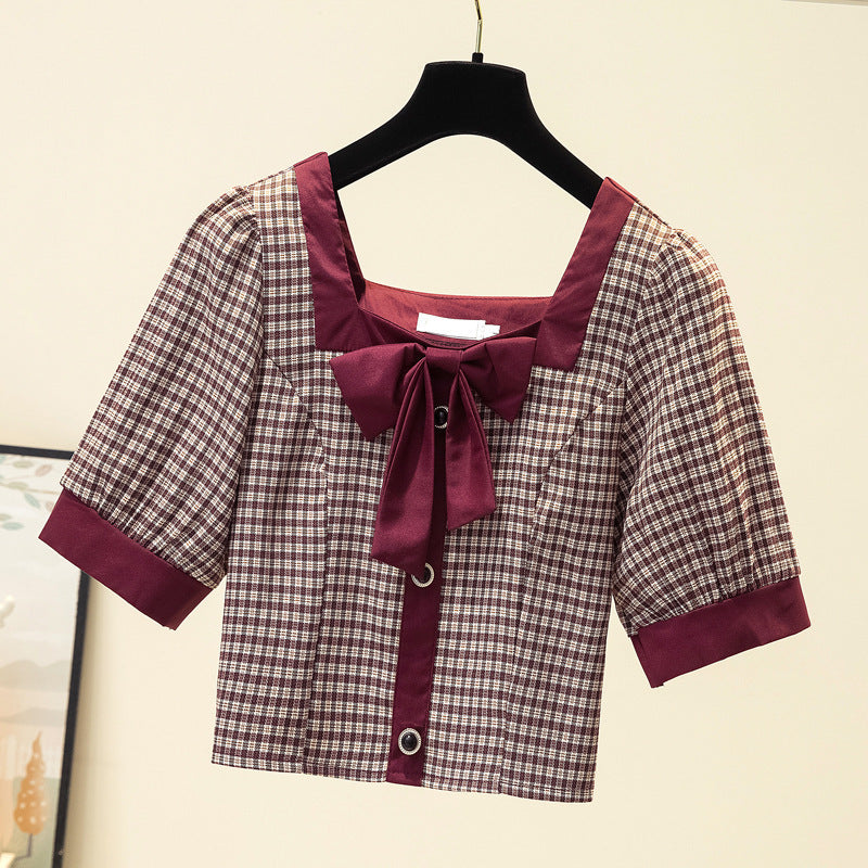 Large Size Women's Summer New Design Sense Niche Square Collar Short Puff Sleeve Top And Fat Sister Plaid Shirt