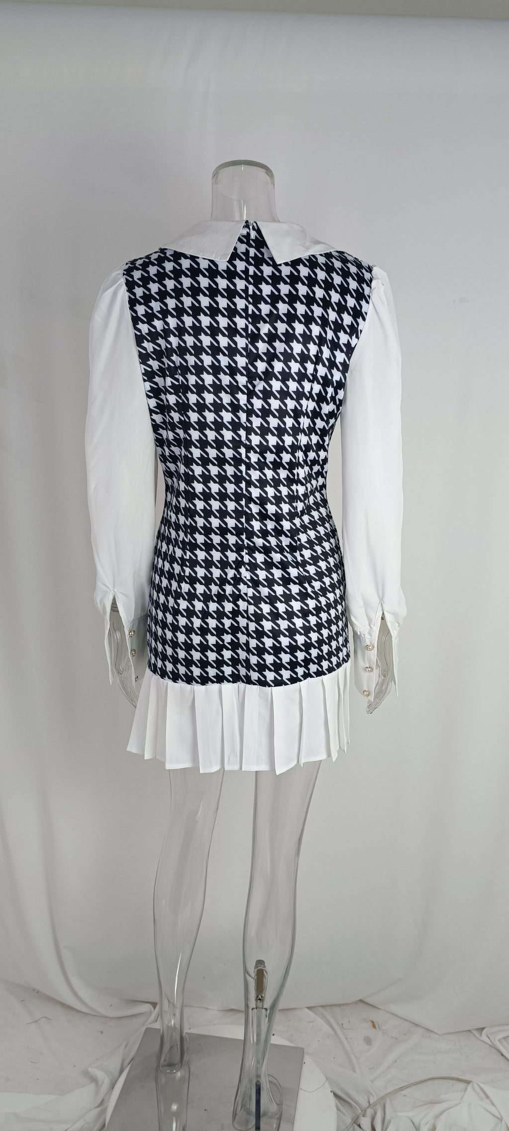 Elegant Shirt Collar Houndstooth Pleated Dress