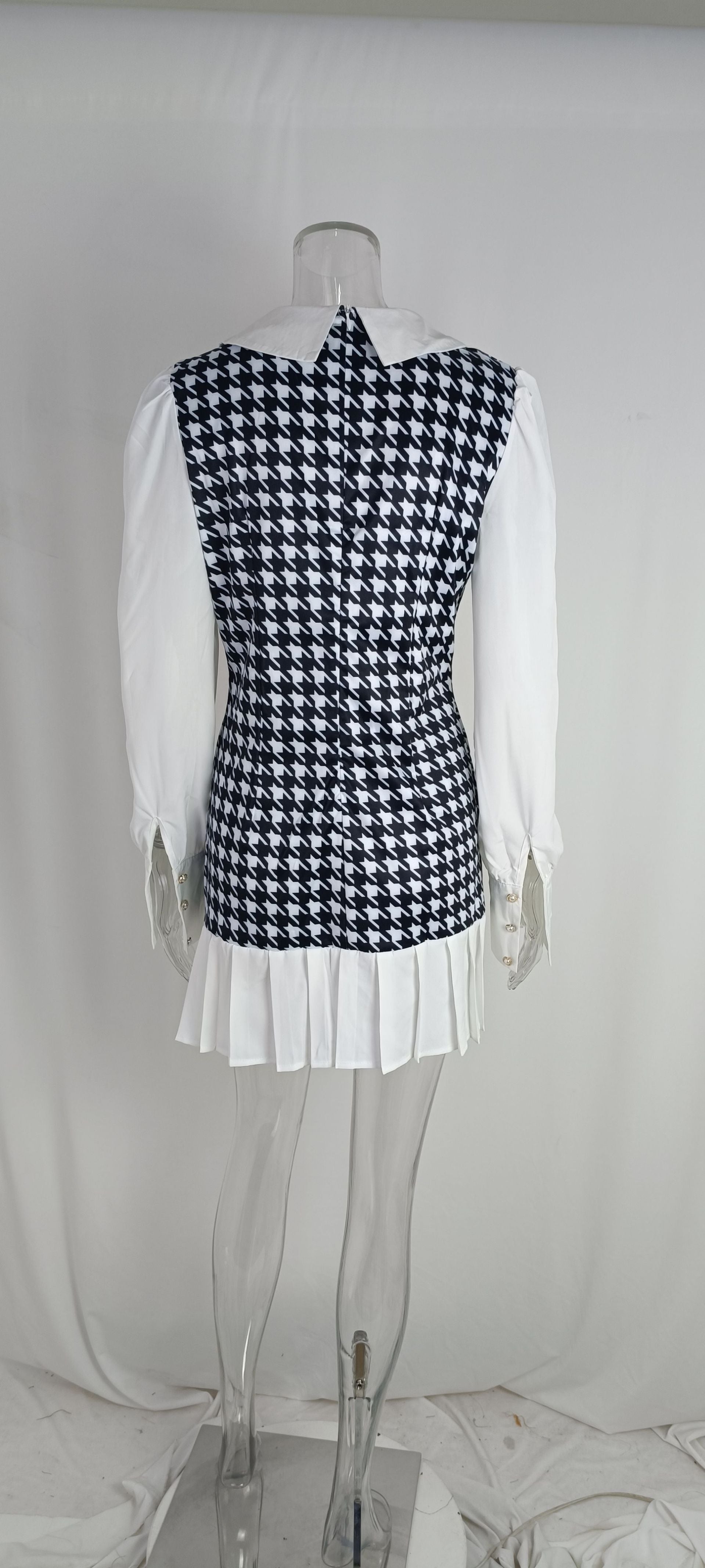 Elegant Shirt Collar Houndstooth Pleated Dress
