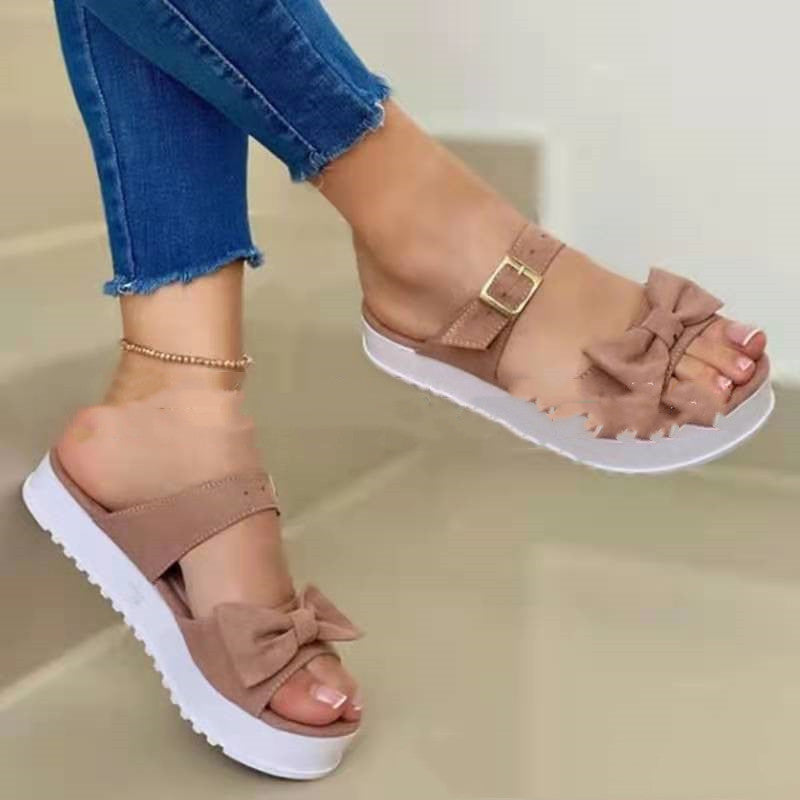 Women's Flat Suede Slip-On Solid Bow Sandals