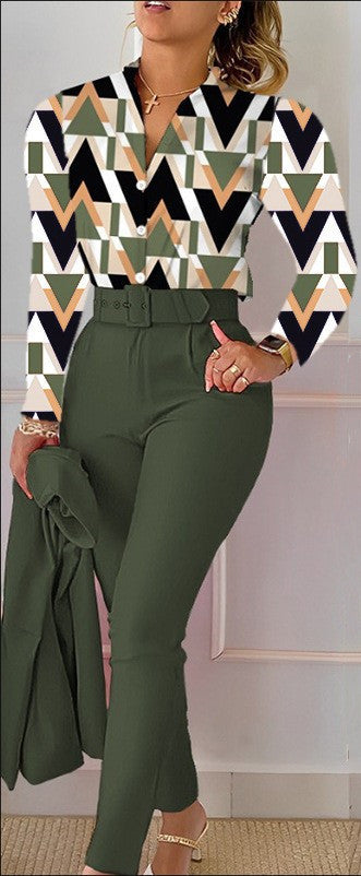 Printed Long-sleeved Top Solid Color Pants Suit With Belt