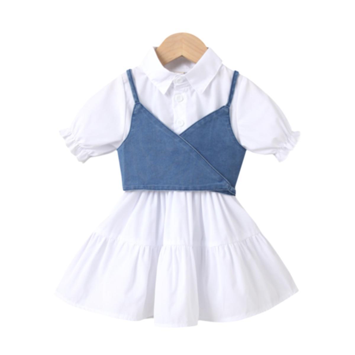Girls' Style Short-sleeved Stitching Petticoat Lace-up Denim Sling Vest Suit