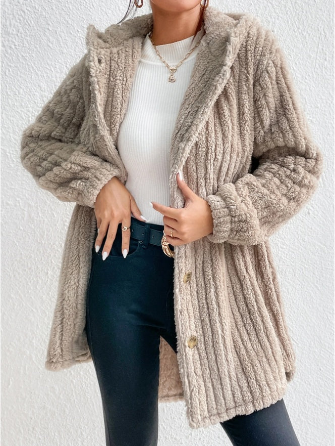 Button Front Hooded Teddy Coat
