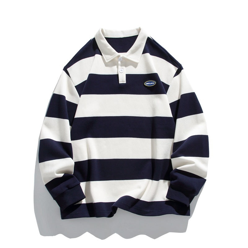 Striped Matching Hong Kong Style Pairs Of Pearl Cotton Sweater Lapel Polo Shirt