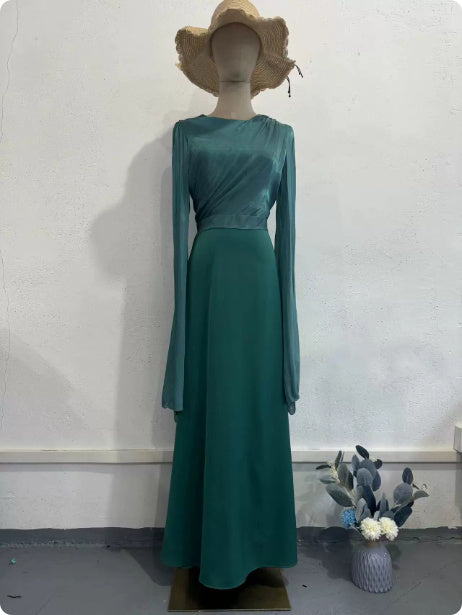 Glass Gauze Large Hem Sleeve Long Satin Slim Fit Dress