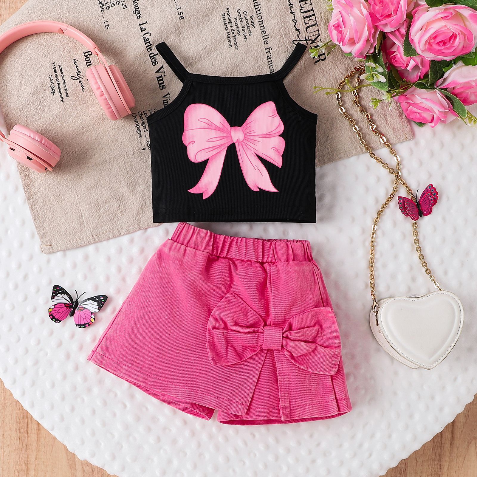Sweet Cool Female Children's Suit Children Bow Print Sling Irregular Pantskirt