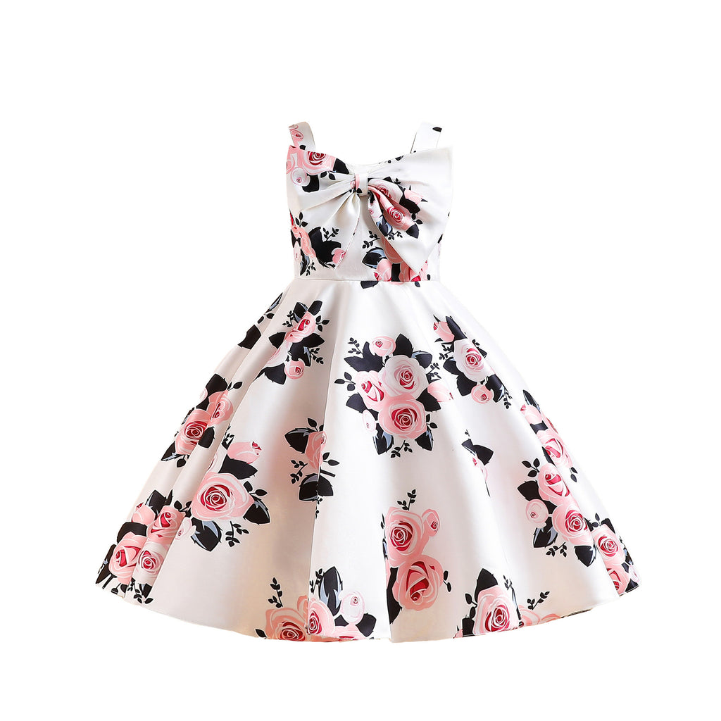 Girl's Fashion Suspenders Bow Print Princess Dress
