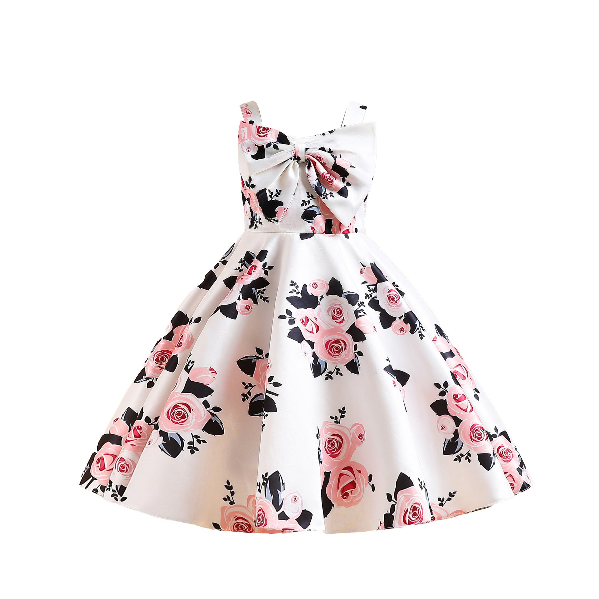 Girl's Fashion Suspenders Bow Print Princess Dress