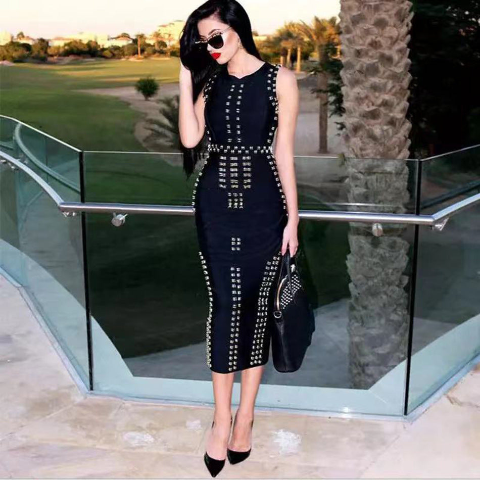 New Women's Rivet Hot Drill Midi Dress