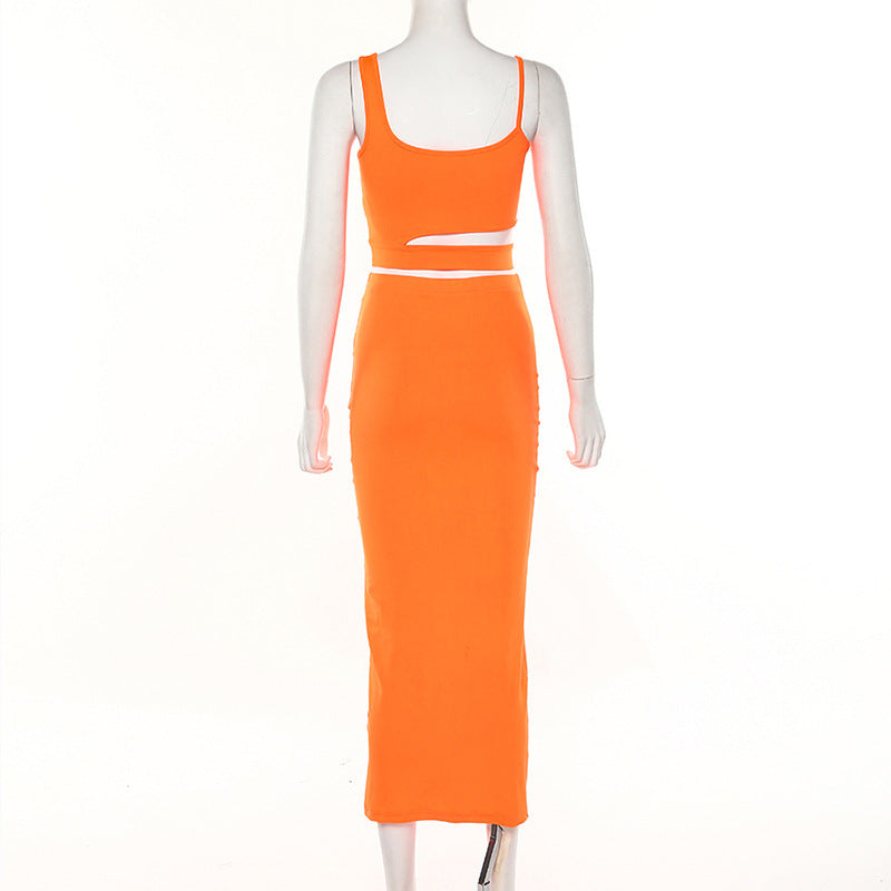 New women's sling round neck hollow two-piece skirt