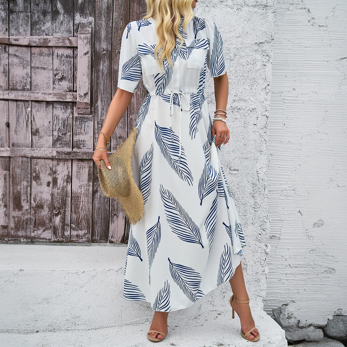 Temperament Vacation Style Printed V-neck Short Sleeve Dress
