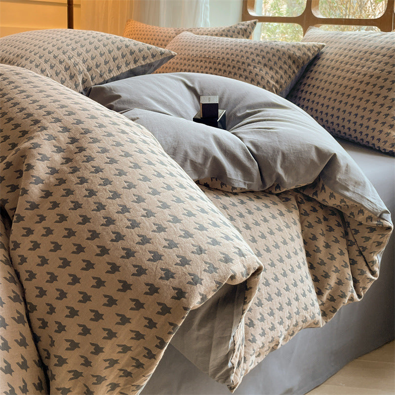 Houndstooth Cotton Double-layer Yarn Four-piece Set Single Fitted Sheet Quilt Cover