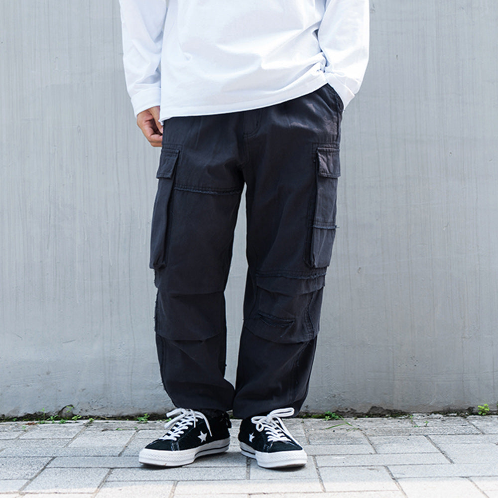 Men's Elastic Waist Loose Straight Multi-pocket Cargo Pants