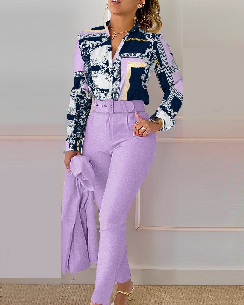 Printed Long-sleeved Top Solid Color Pants Suit With Belt