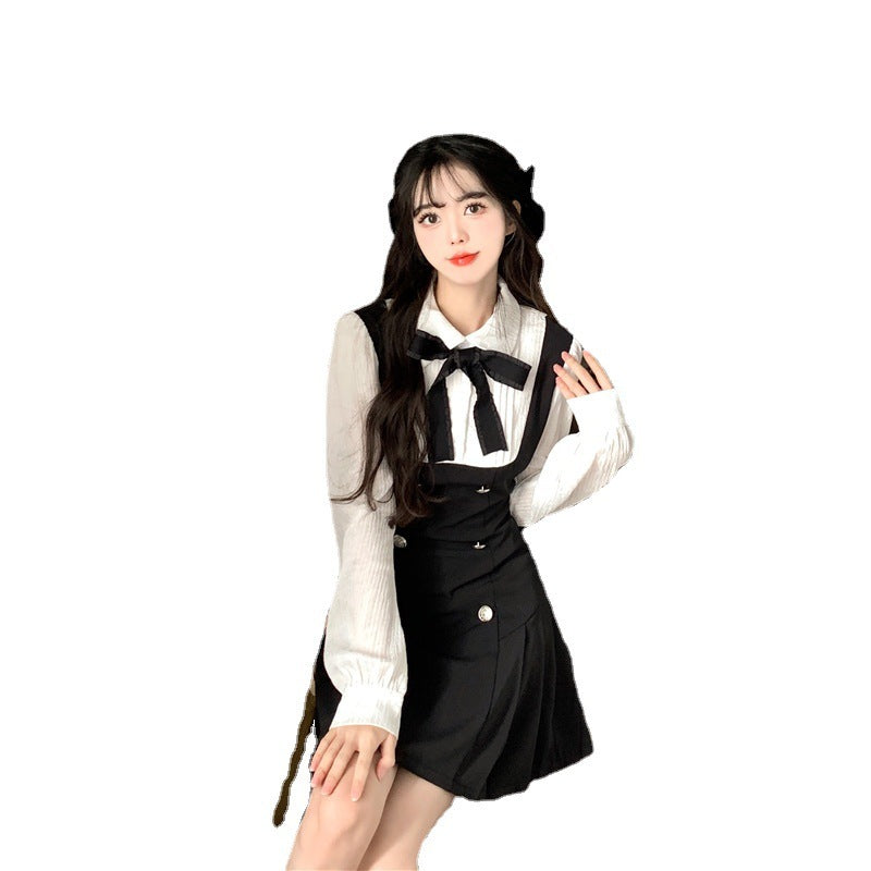 Long Sleeve Fake Two-piece Sweet Bow Black Slimming Lapel Dress