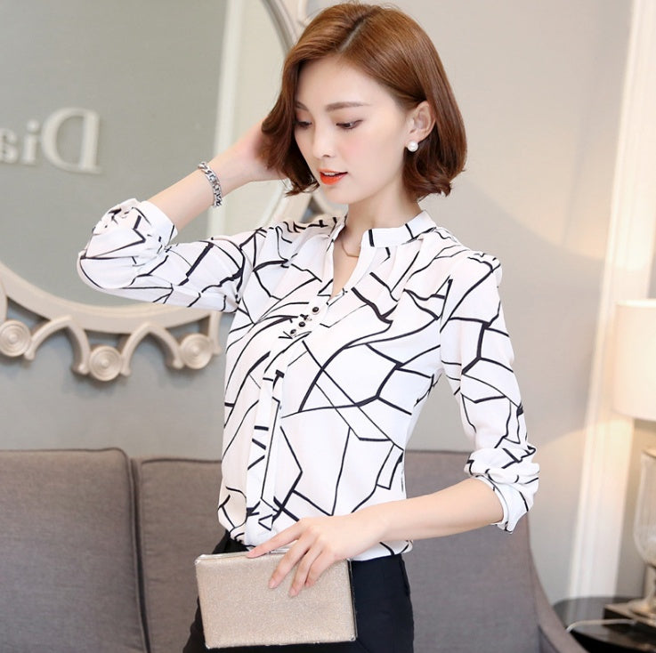 Printed shirt V-neck top Slim long-sleeved chiffon shirt