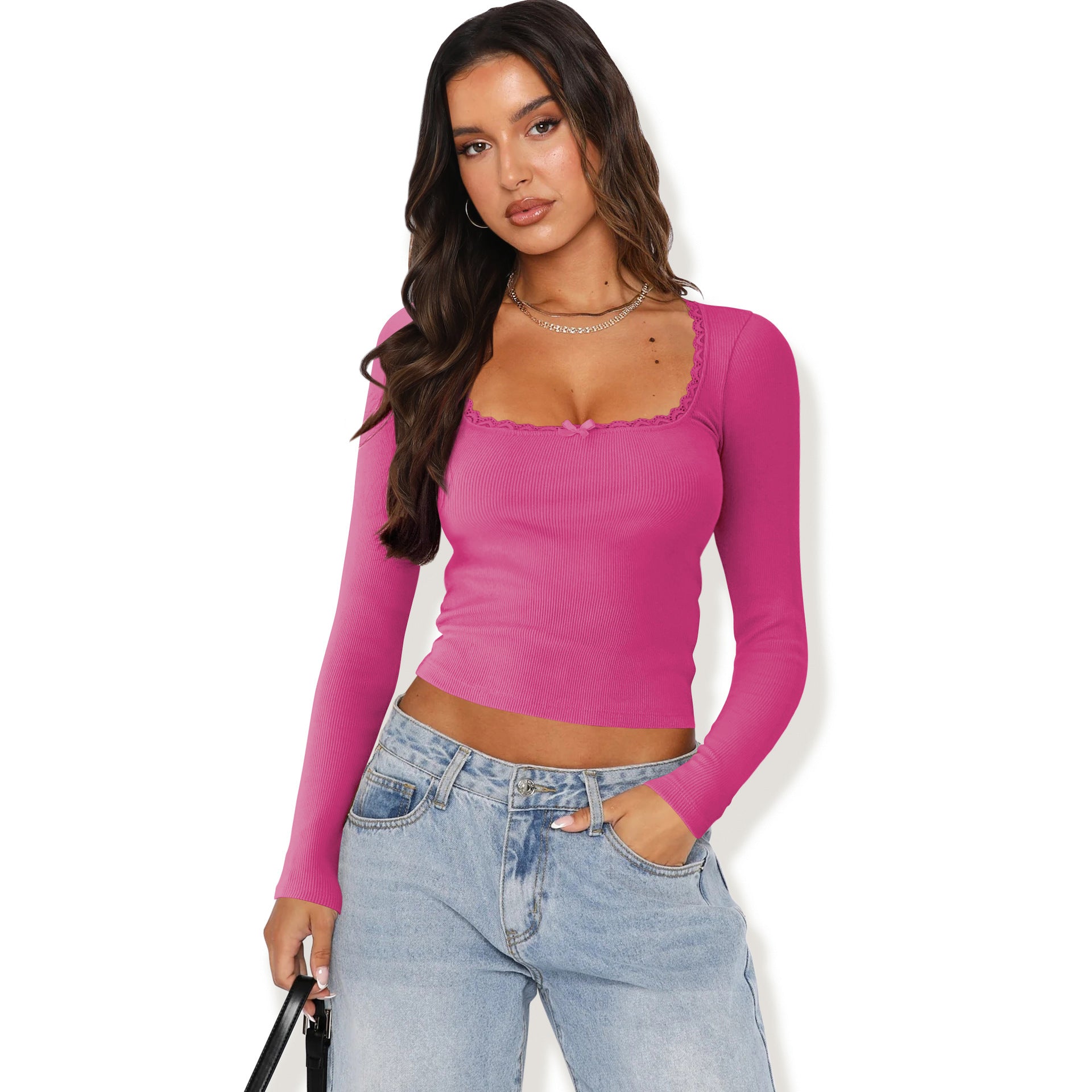 Slimming Slim Lace Stitching Hot Girl Top U-neck Bottoming Shirt