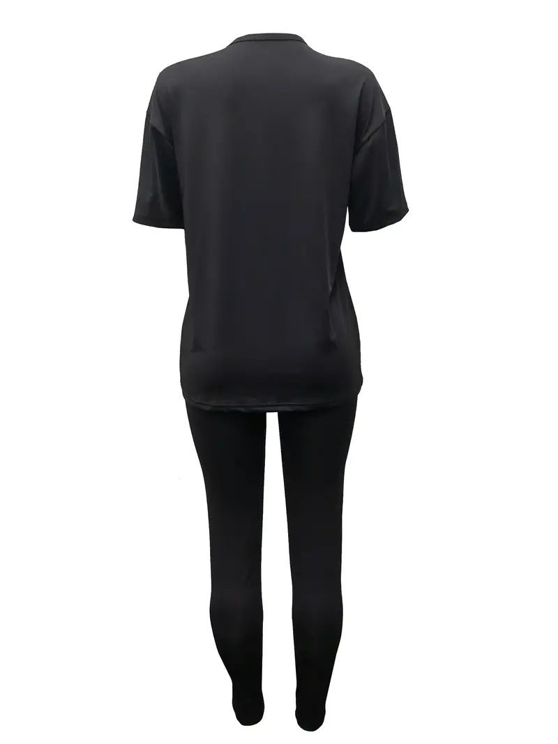Printed Crew Neck Casual Trousers Short T-shirt Two-piece Set