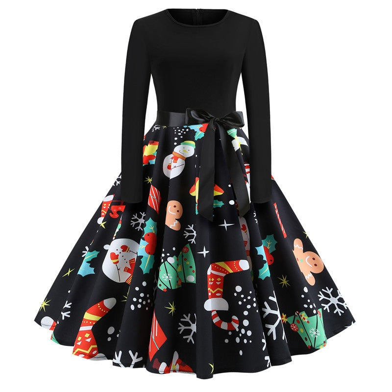 Christmas vintage round neck print skirt