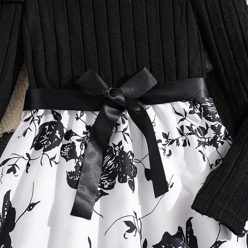 Long Sleeve Knitted Patchwork Retro Printed Princess Dress