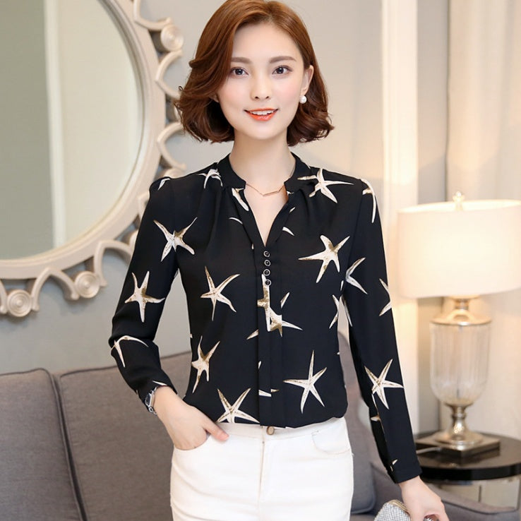 Printed shirt V-neck top Slim long-sleeved chiffon shirt