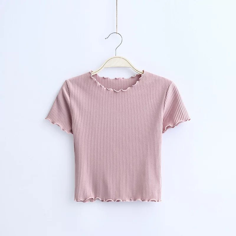 Fashion retro wooden ear slim short-sleeved T-shirt tops women's clothing