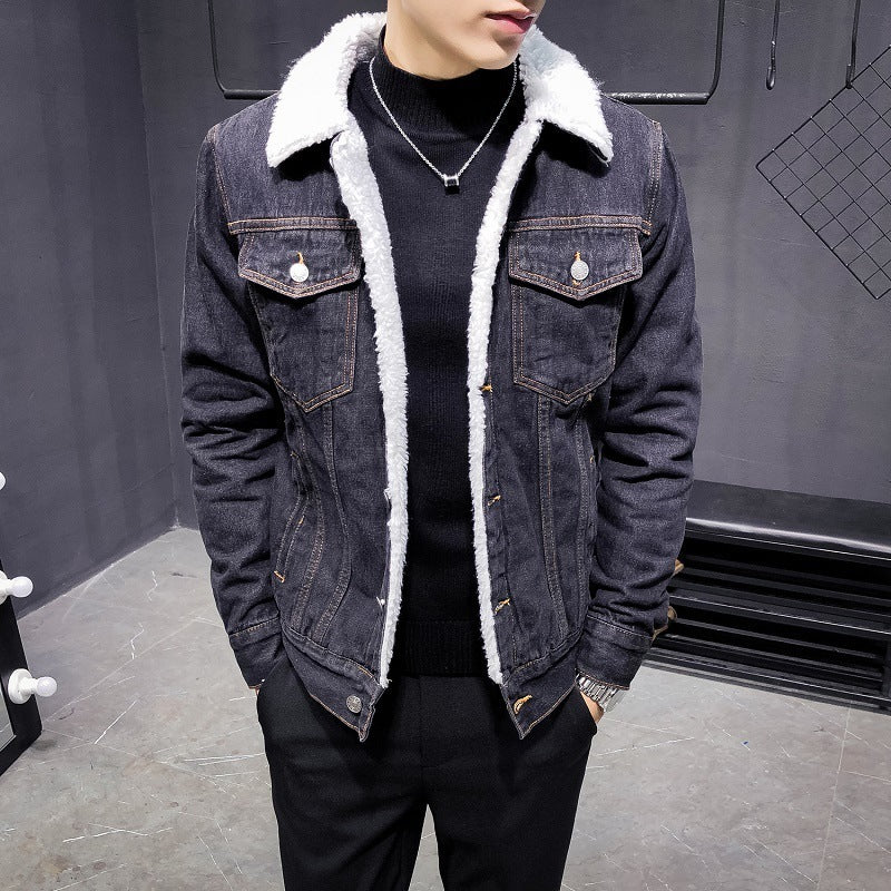 Plush Thick Denim Jacket Male Lamb Wool Denim Cotton Jacket Plus Size