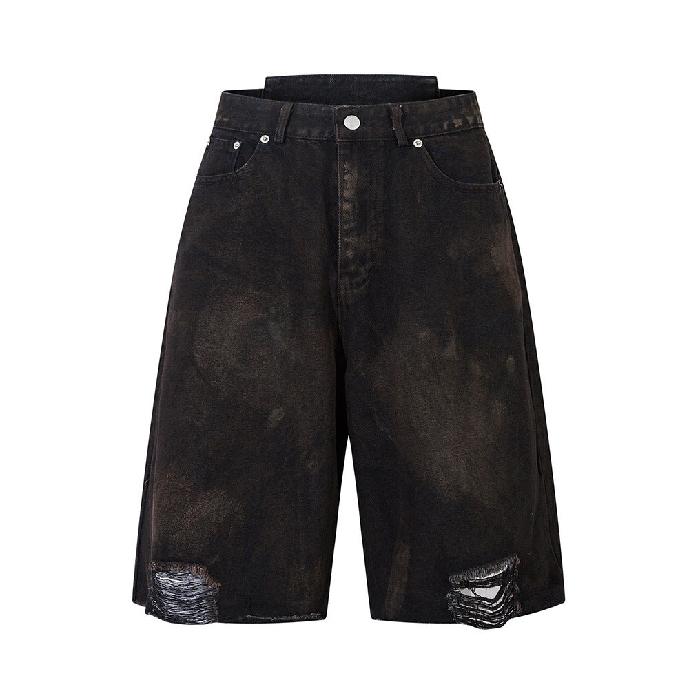 Waste Soil Spray Painting Old Dirty Denim Shorts Men