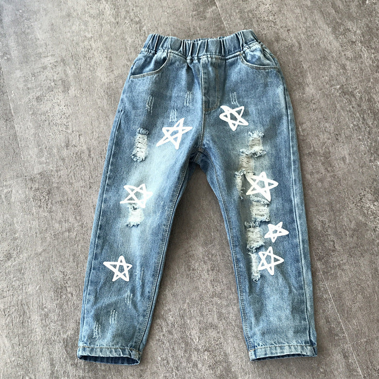 Children's Cartoon Cat Embroidery Washed Denim Trousers