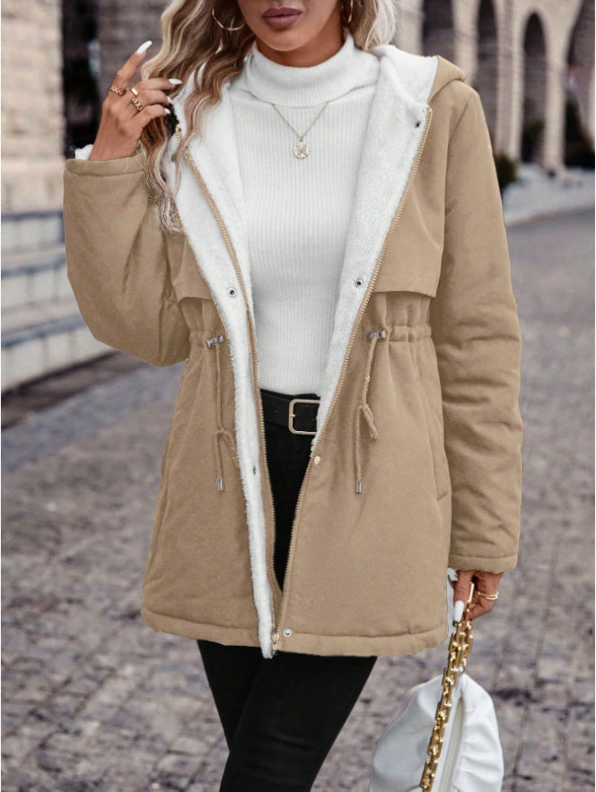 Drawstring Waist Hooded Plush Lined Parka Coat