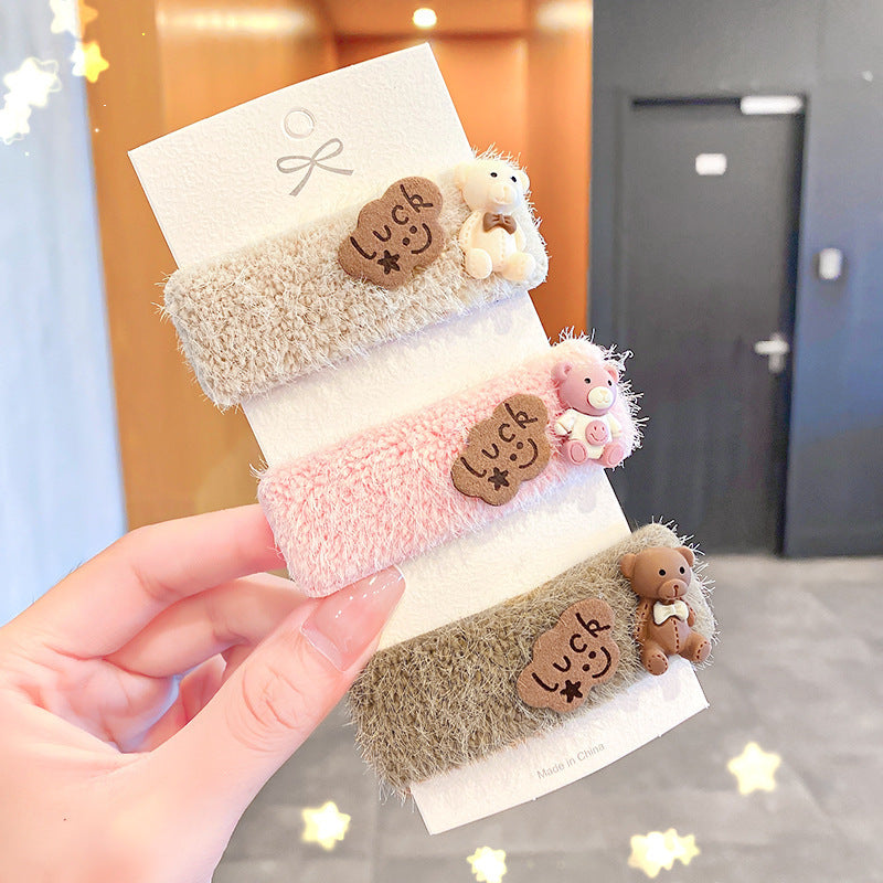 Children Cartoon Plush Bear Hairpin 3 Sets