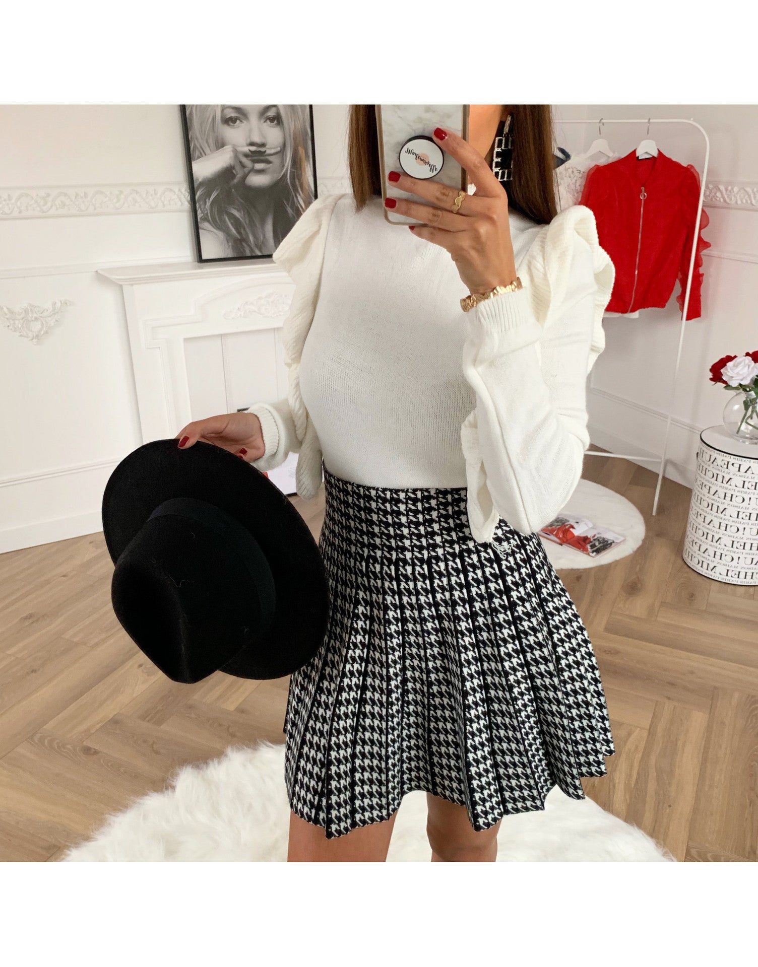 All-match pleated houndstooth skirt
