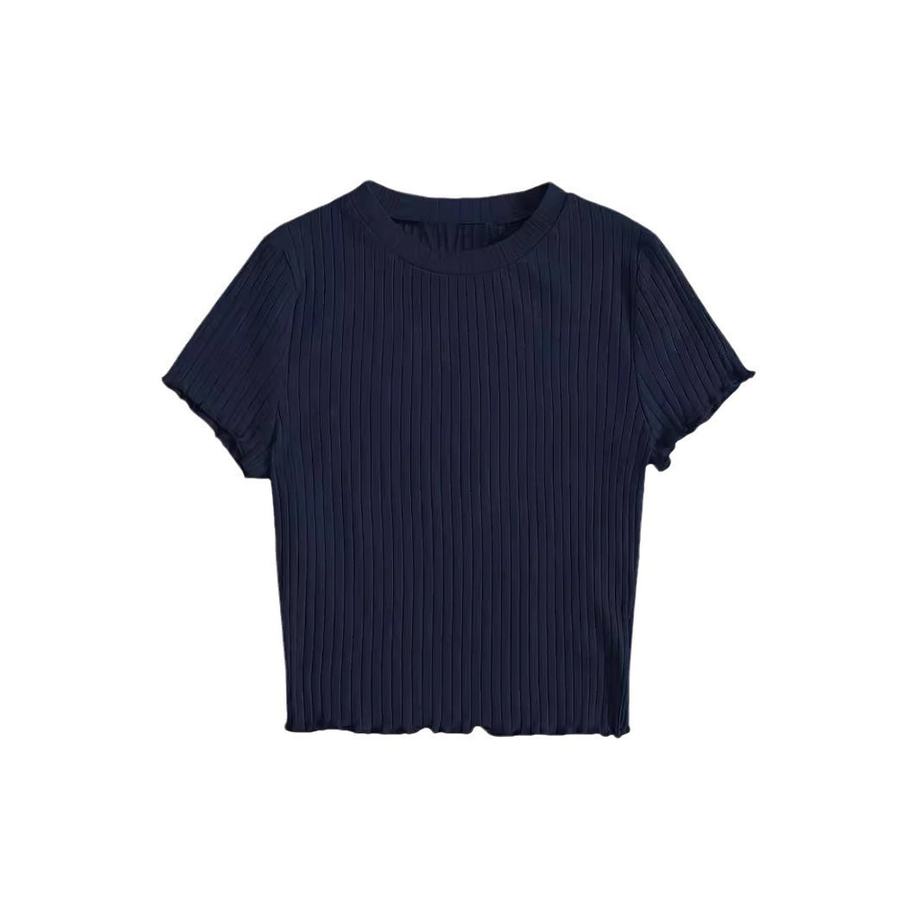 Korean Style Round Neck Wooden Ear Short Top Ins Knitted Inner Match Bottoming Shirt