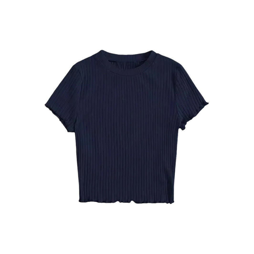 Korean Style Round Neck Wooden Ear Short Top Ins Knitted Inner Match Bottoming Shirt