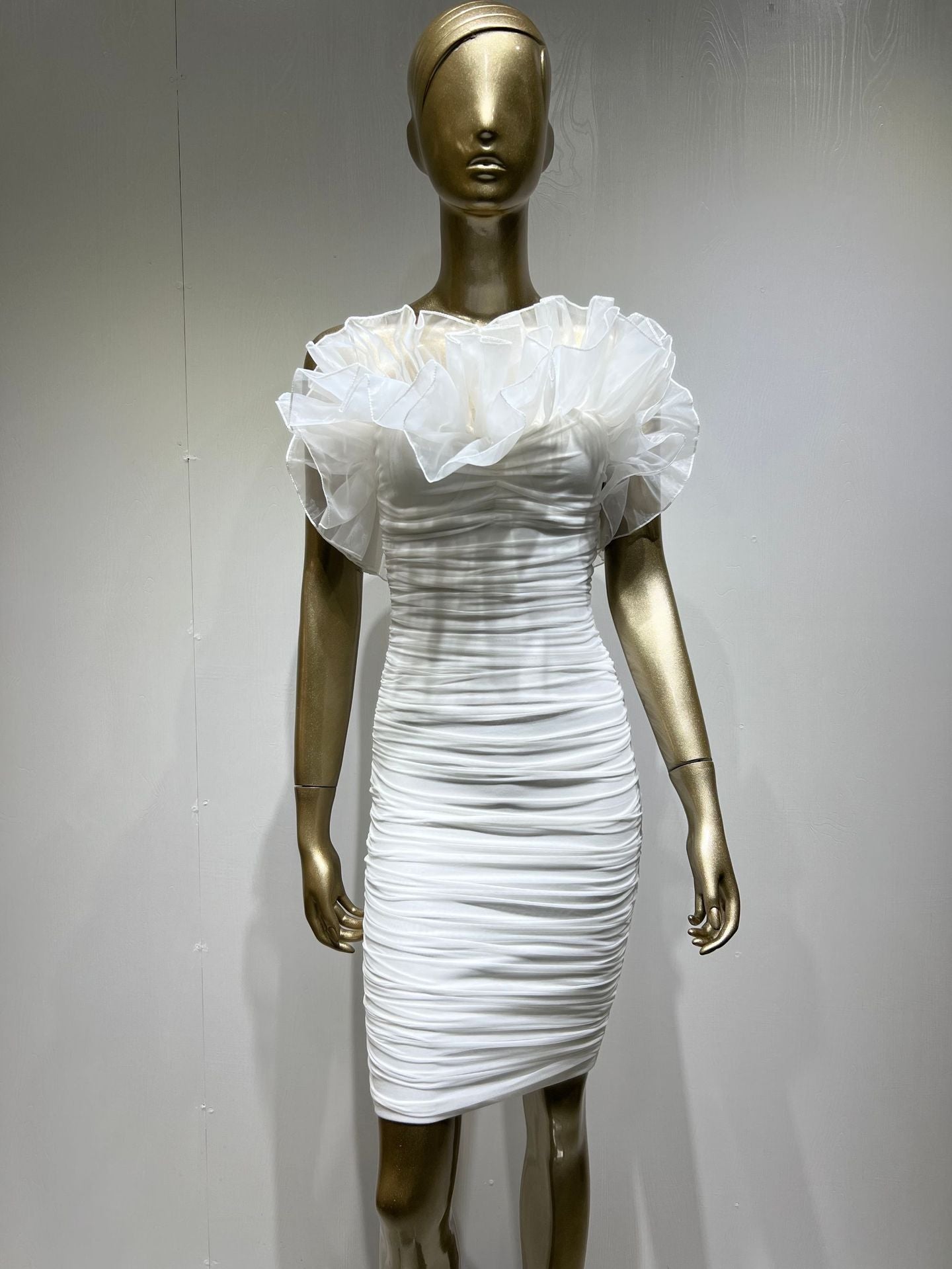 Women's White Net Falbala Tube Top Bandage One-piece Dress