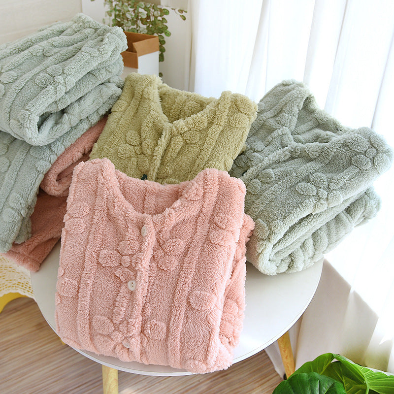 Coral Velvet Pajamas Women's Winter Long Sleeve Thick Solid Color Simple Homewear