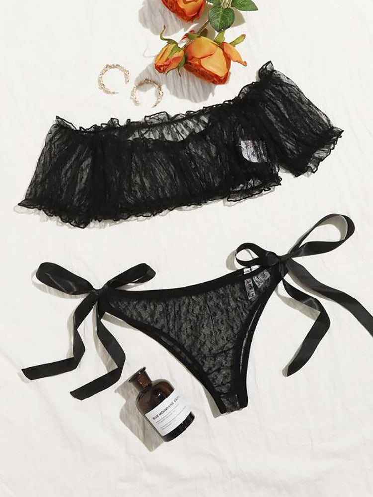 European And American Off-shoulder Tube Top Sexy Underwear Lace Pure Desire Bra Panties Two Pieces See-through Suit