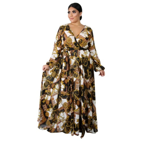 V-neck Long Sleeve Flower Beach Chiffon Dress