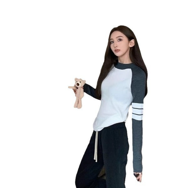 Hot Girl Striped Contrast Color Long Sleeves Knitted Top