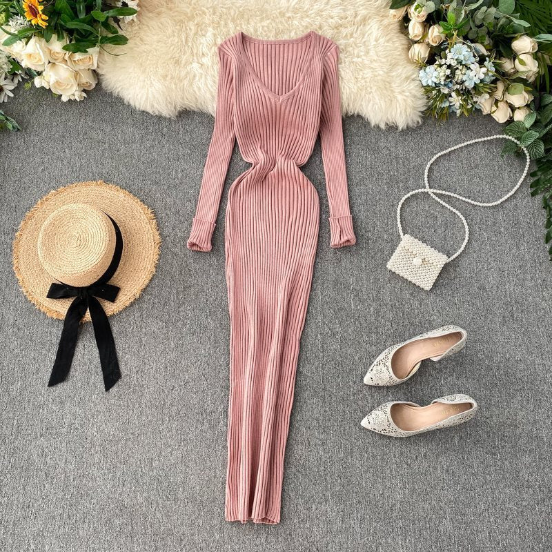 Dress Women Simple Solid Color Long Sleeve Tight