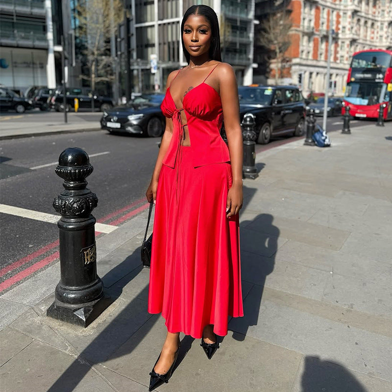 Lace-up Sling Top High Waist Skirt Suit