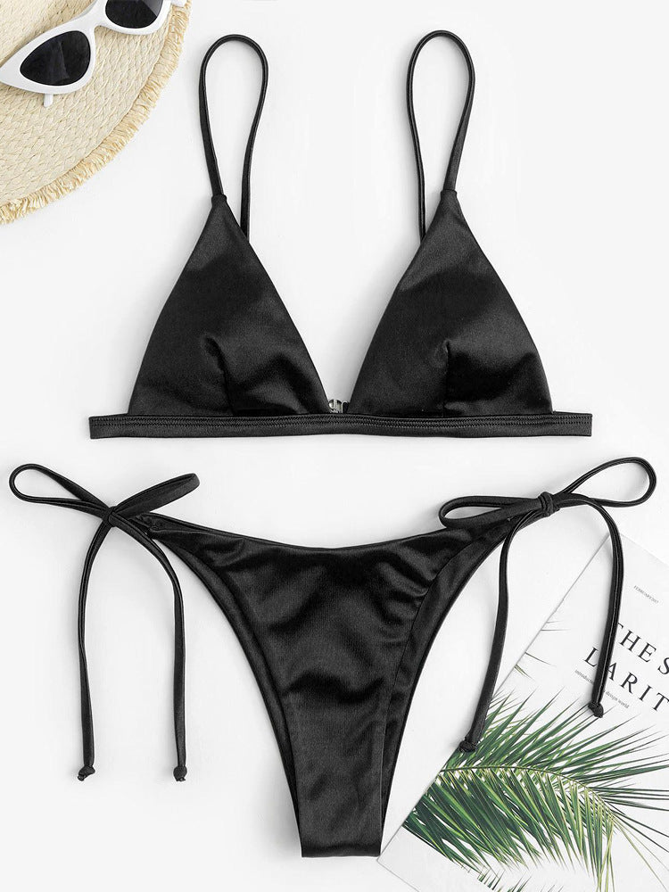 Three-point Bikini With Hanging Neck Solid And Simple Color