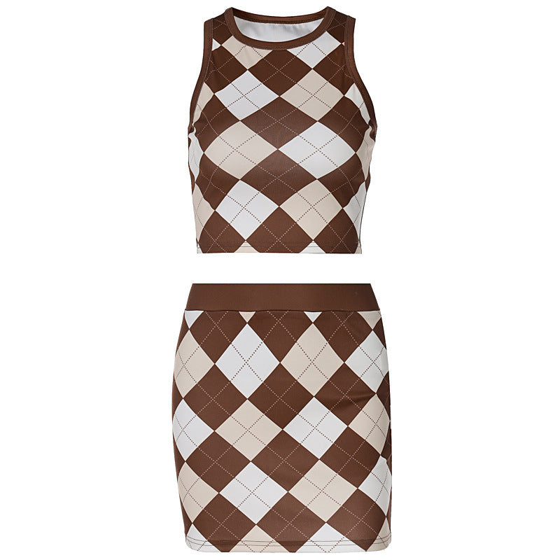 Women's New Fashion Printing Sleeveless Navel Vest Shorts Skirt Suit