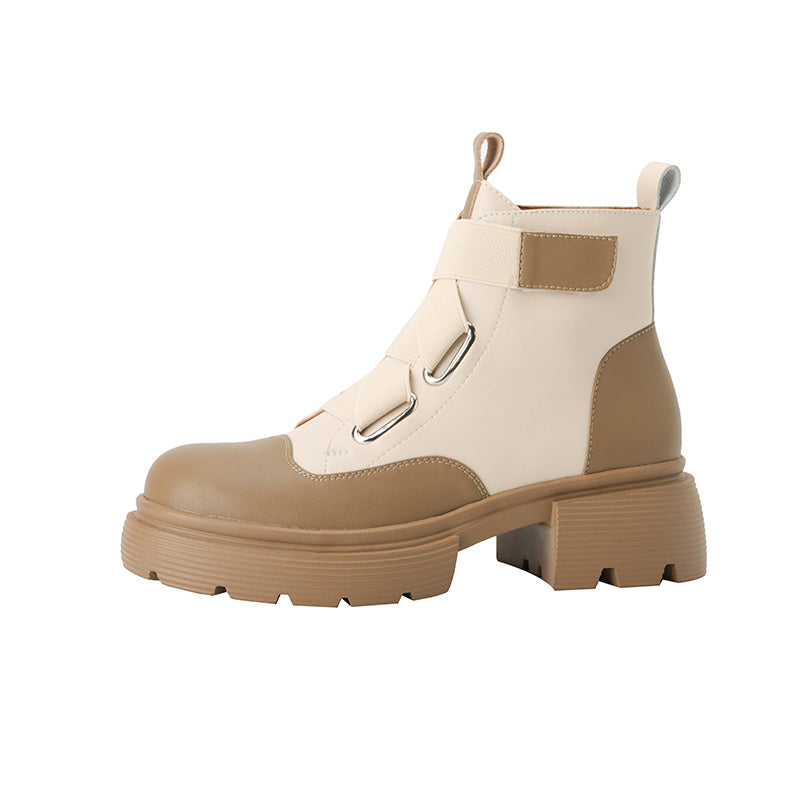 Women's French Retro Small Thick Sole Leather Martin Boots